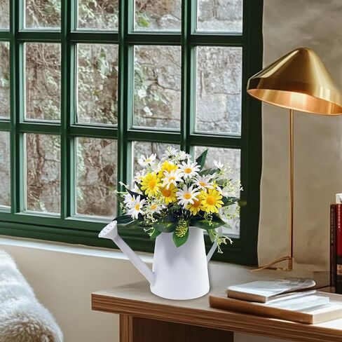 زهور الأقحوان الاصطناعية من إيكسن في وعاء معدني مع أضواء LED ومؤقت - ترتيب زهور الحرير، زخرفة مركزية للطاولة من الزهور الصناعية لغرفة الطعام، المزرعة، المنزل، المطبخ، المكتب، ديكور الربيع in Kuwait