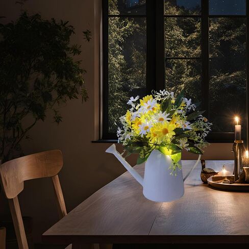 زهور الأقحوان الاصطناعية من إيكسن في وعاء معدني مع أضواء LED ومؤقت - ترتيب زهور الحرير، زخرفة مركزية للطاولة من الزهور الصناعية لغرفة الطعام، المزرعة، المنزل، المطبخ، المكتب، ديكور الربيع in Kuwait