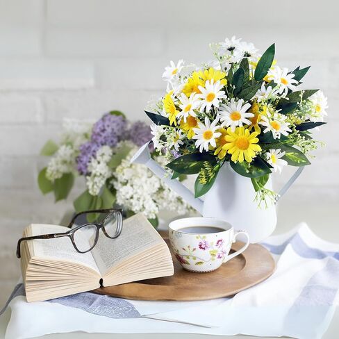 زهور الأقحوان الاصطناعية من إيكسن في وعاء معدني مع أضواء LED ومؤقت - ترتيب زهور الحرير، زخرفة مركزية للطاولة من الزهور الصناعية لغرفة الطعام، المزرعة، المنزل، المطبخ، المكتب، ديكور الربيع in Kuwait