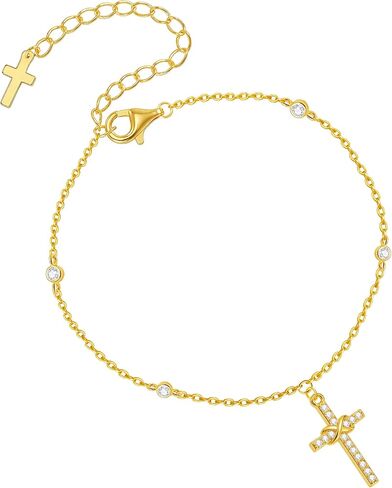 Gold Cross Bracelet for Women, Dainty 18K Gold Plated Double Pendant Jewelry, Sparkling Zirconia Prayer Bracelet, Adjustable Link Chain Lobster Clasp (5.9in + 2.4in) in Saudi Arabia