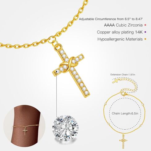 Gold Cross Bracelet for Women, Dainty 18K Gold Plated Double Pendant Jewelry, Sparkling Zirconia Prayer Bracelet, Adjustable Link Chain Lobster Clasp (5.9in + 2.4in) in Saudi Arabia