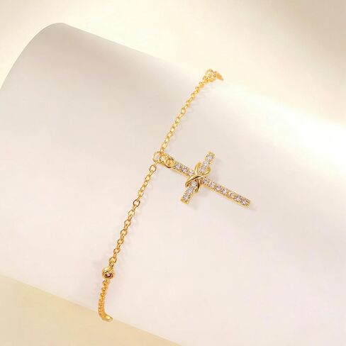 Gold Cross Bracelet for Women, Dainty 18K Gold Plated Double Pendant Jewelry, Sparkling Zirconia Prayer Bracelet, Adjustable Link Chain Lobster Clasp (5.9in + 2.4in) in Saudi Arabia