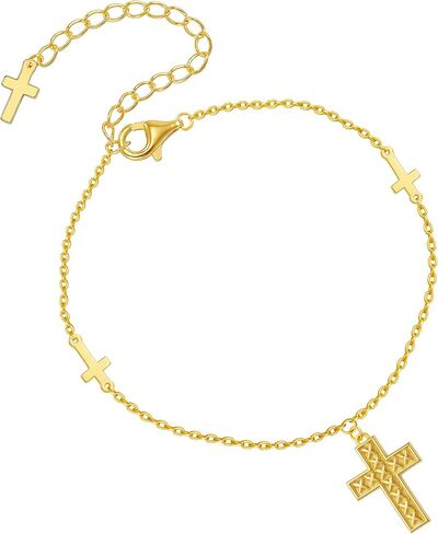 Gold Cross Bracelet for Women, Dainty 18K Gold Plated Double Pendant Jewelry, Sparkling Zirconia Prayer Bracelet, Adjustable Link Chain Lobster Clasp (5.9in + 2.4in) in Saudi Arabia