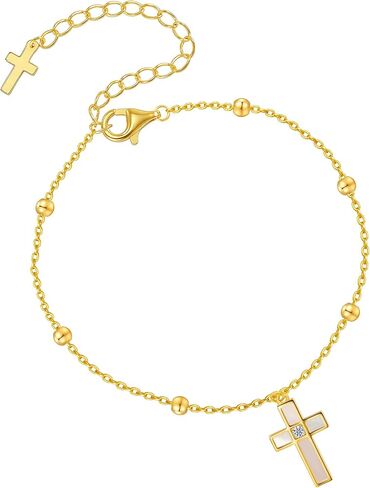 Gold Cross Bracelet for Women, Dainty 18K Gold Plated Double Pendant Jewelry, Sparkling Zirconia Prayer Bracelet, Adjustable Link Chain Lobster Clasp (5.9in + 2.4in) in Saudi Arabia