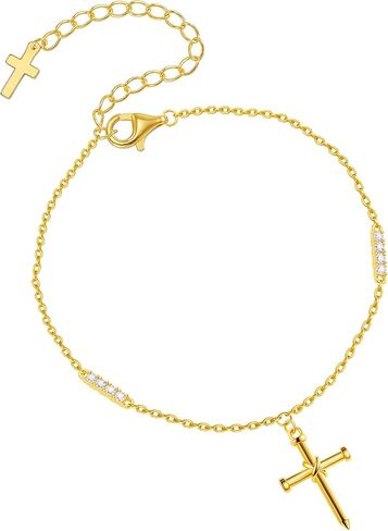 Gold Cross Bracelet for Women, Dainty 18K Gold Plated Double Pendant Jewelry, Sparkling Zirconia Prayer Bracelet, Adjustable Link Chain Lobster Clasp (5.9in + 2.4in) in Saudi Arabia