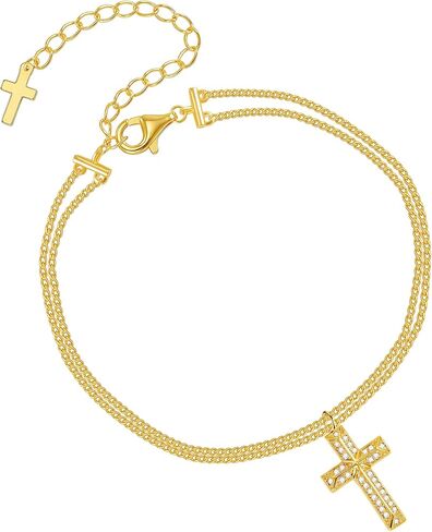 Gold Cross Bracelet for Women, Dainty 18K Gold Plated Double Pendant Jewelry, Sparkling Zirconia Prayer Bracelet, Adjustable Link Chain Lobster Clasp (5.9in + 2.4in) in Saudi Arabia