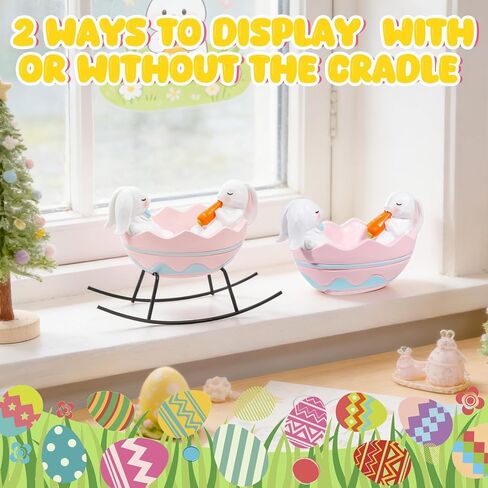 Exasinine Bunny Figurines Easter Candy Dish Rocking Egg Cradle Rabbit Statue for Spring Decor Cute Bunny Tabletop Centerpiece for Home Office Decoration, Easter Rabbit Decoration Gift in Kuwait