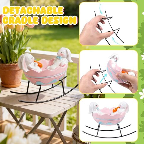 Exasinine Bunny Figurines Easter Candy Dish Rocking Egg Cradle Rabbit Statue for Spring Decor Cute Bunny Tabletop Centerpiece for Home Office Decoration, Easter Rabbit Decoration Gift in Kuwait