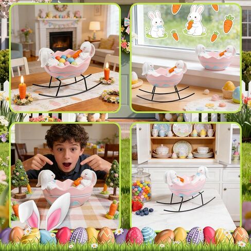 Exasinine Bunny Figurines Easter Candy Dish Rocking Egg Cradle Rabbit Statue for Spring Decor Cute Bunny Tabletop Centerpiece for Home Office Decoration, Easter Rabbit Decoration Gift in Kuwait