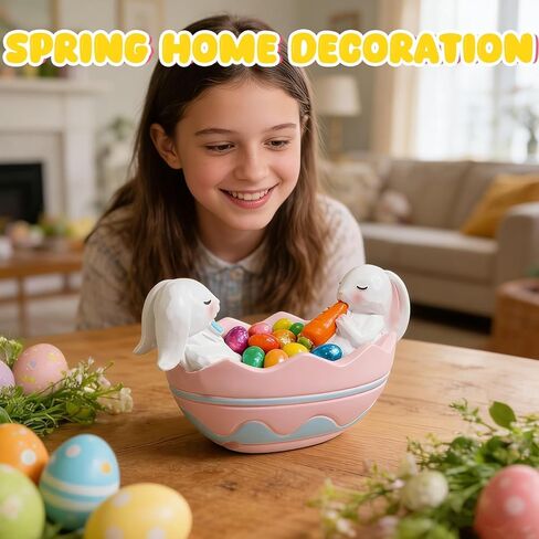 Exasinine Bunny Figurines Easter Candy Dish Rocking Egg Cradle Rabbit Statue for Spring Decor Cute Bunny Tabletop Centerpiece for Home Office Decoration, Easter Rabbit Decoration Gift in Kuwait