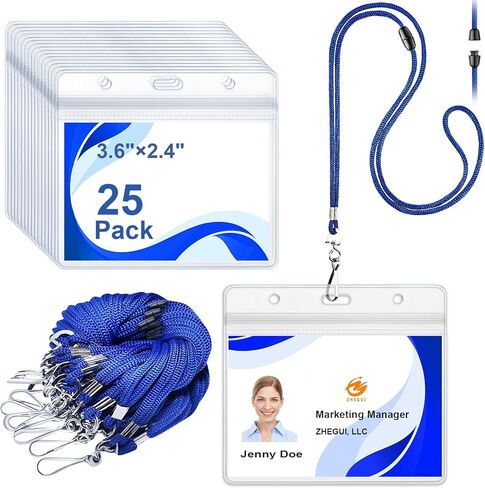 حبال منفصلة لشارات الهوية، 25 حزمة باللون الأزرق مع حامل لبطاقة الهوية، حامل شارة هوية أفقية شفافة مع حبل، حامل شارة اسم بلاستيكي مقاوم للماء، حبال رقبة آمنة لأحداث مدرسة العمل in Kuwait
