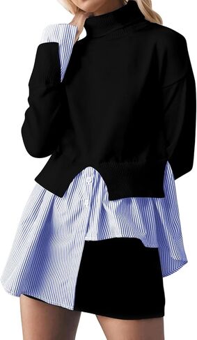 Women Turtleneck Sweater Asymmetrical Sweaters Top 2 in 1 Knit Slit Pullover Buttons Down Shirt Tops in Saudi Arabia