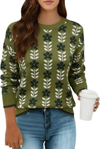 المرأة 2026 العصرية الأخضر متماسكة الأزهار البلوزات المطبوعة Crewneck لطيف فضفاض البلوز سترة لربيع وشتاء in Kuwait