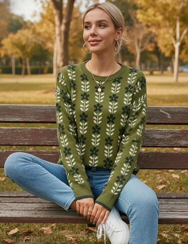 المرأة 2026 العصرية الأخضر متماسكة الأزهار البلوزات المطبوعة Crewneck لطيف فضفاض البلوز سترة لربيع وشتاء in Kuwait
