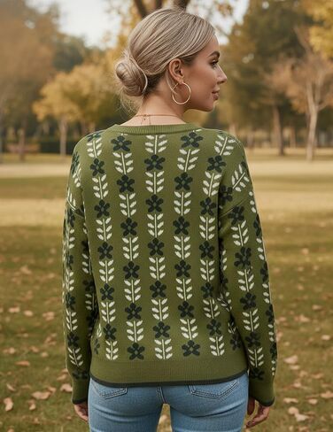 المرأة 2026 العصرية الأخضر متماسكة الأزهار البلوزات المطبوعة Crewneck لطيف فضفاض البلوز سترة لربيع وشتاء in Kuwait