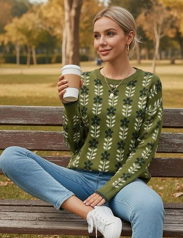 المرأة 2026 العصرية الأخضر متماسكة الأزهار البلوزات المطبوعة Crewneck لطيف فضفاض البلوز سترة لربيع وشتاء in Kuwait