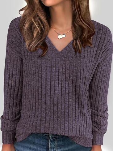 Women’s Long Sleeve V-Neck Top, Ribbed Slim Fit Knit Sweater, Soft and Cozy, Perfect for Casual Fall and Winter Wear (Dusty Purple, L) in Saudi Arabia
