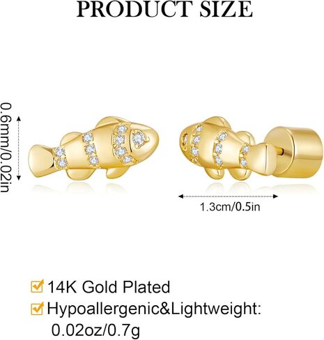 Dainty Stud Earrings for Women 14K Gold Plated Trendy Fish Studs Cubic Zirconia Minimalist Small Earrings Hypoallergenic Jewelry Gift in Kuwait