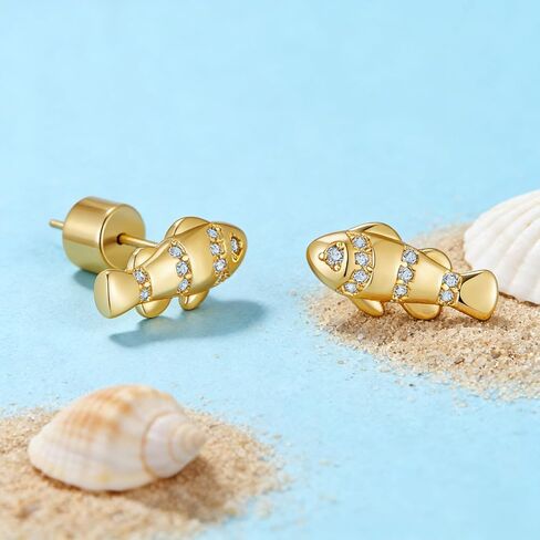 Dainty Stud Earrings for Women 14K Gold Plated Trendy Fish Studs Cubic Zirconia Minimalist Small Earrings Hypoallergenic Jewelry Gift in Kuwait