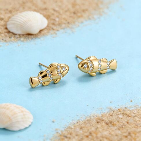 Dainty Stud Earrings for Women 14K Gold Plated Trendy Fish Studs Cubic Zirconia Minimalist Small Earrings Hypoallergenic Jewelry Gift in Kuwait