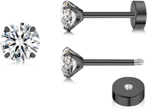 ZDE Titanium Women Flatback Earrings Cubic Zirconia Silver Stud Earrings Flat Back CZ Earrings Hypoallergenic Cartilage Flatback Earring Tragus Helix Tragus Conch Piercing 3mm/4mm/5mm in Saudi Arabia