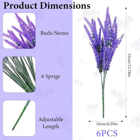 6 Bundles Artificial Lavender Stems, Fake Plastic Purple Flower Fake Lavender Plant Flocked Fakes Lilac Flowers, Decorative Floral Spray Faux Flowers Bouquet for Home Kitchen Wedding Decoration in Kuwait