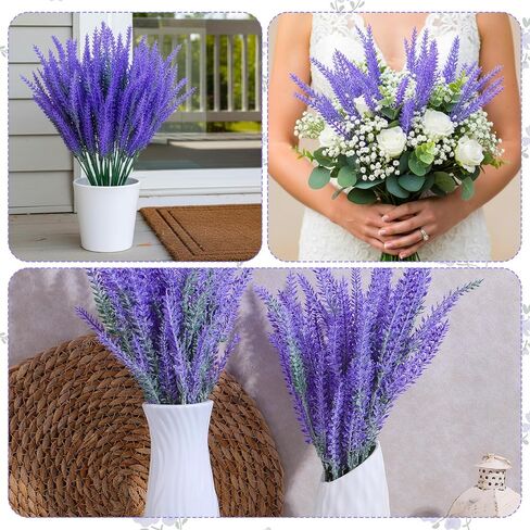 6 Bundles Artificial Lavender Stems, Fake Plastic Purple Flower Fake Lavender Plant Flocked Fakes Lilac Flowers, Decorative Floral Spray Faux Flowers Bouquet for Home Kitchen Wedding Decoration in Kuwait