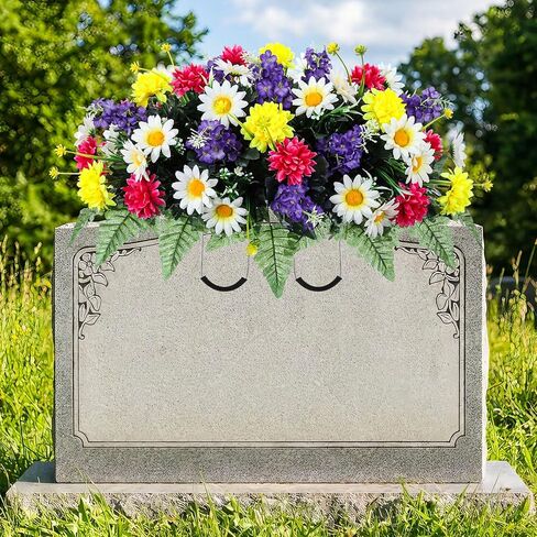 Giegxin Easter Headstone Flower Saddle Spring Cemetery Flowers for Grave Artificial Memorial Flowers Yellow White Daisy Mums Silk Floral Arrangement for Headstone Gravesites Outdoor Graveyard Decor in Saudi Arabia