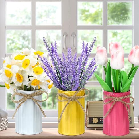 Zeyune 3 Pack Fake Potted Flowers Artificial Daffodils Flower Plants in Metal Pots Spring Artificial Flower Lavender Tulip Decoration for Farmhouse Table Centerpiece Indoor Outdoor Office Mantle Decor in Saudi Arabia