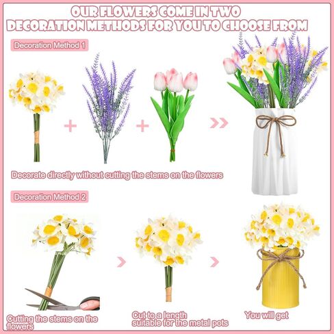 Zeyune 3 Pack Fake Potted Flowers Artificial Daffodils Flower Plants in Metal Pots Spring Artificial Flower Lavender Tulip Decoration for Farmhouse Table Centerpiece Indoor Outdoor Office Mantle Decor in Saudi Arabia