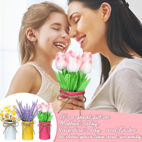Zeyune 3 Pack Fake Potted Flowers Artificial Daffodils Flower Plants in Metal Pots Spring Artificial Flower Lavender Tulip Decoration for Farmhouse Table Centerpiece Indoor Outdoor Office Mantle Decor in Saudi Arabia