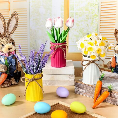 Zeyune 3 Pack Fake Potted Flowers Artificial Daffodils Flower Plants in Metal Pots Spring Artificial Flower Lavender Tulip Decoration for Farmhouse Table Centerpiece Indoor Outdoor Office Mantle Decor in Saudi Arabia