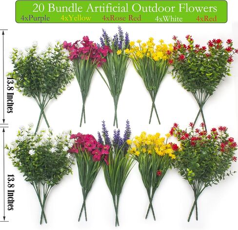 20 Bundles Artificial Flowers for Outdoors, UV Resistant Fake Plants, Faux Plastic Flowers for Home, Window Box, Porch, Indoor, Cemetery, Fall, Summer Decor in Kuwait