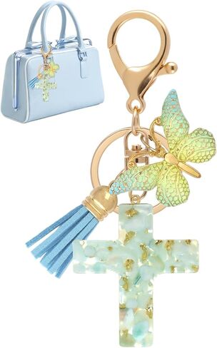 Resin Cross Keychain with Butterfly & Tassels, Christian Charm for Women, Cute Bag Charms for Purse, Gift Idea in Kuwait
