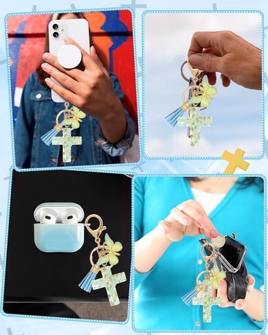 Resin Cross Keychain with Butterfly & Tassels, Christian Charm for Women, Cute Bag Charms for Purse, Gift Idea in Kuwait