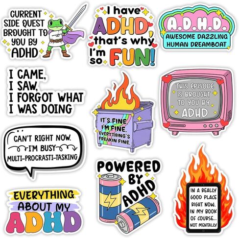 SODAVA (10pcs, 3in) Funny ADHD Sticker Pack – Cute Motivational Stickers for Laptop, Water Bottle, Planner, or Journal, Colorful Vinyl Decals for Students, Fun Mental Focus & Productivity Humor in Kuwait