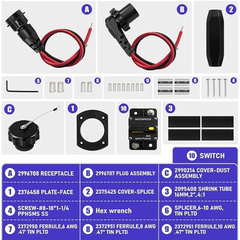 1865120 MKR-28 Trolling Motor Plug and Receptacle & MKR-27 60 AMP Circuit Breaker 1865115 for Minn Kota - Waterproof Heavy Duty 8AWG 60A Rated 48V Max in Kuwait