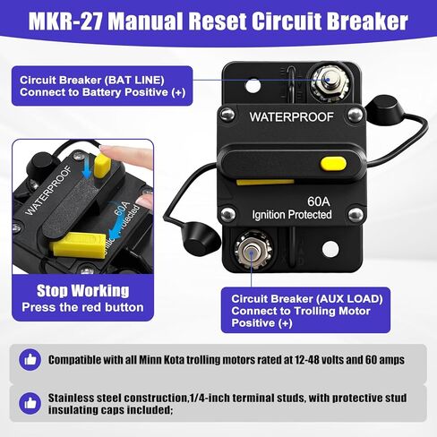 1865120 MKR-28 Trolling Motor Plug and Receptacle & MKR-27 60 AMP Circuit Breaker 1865115 for Minn Kota - Waterproof Heavy Duty 8AWG 60A Rated 48V Max in Kuwait