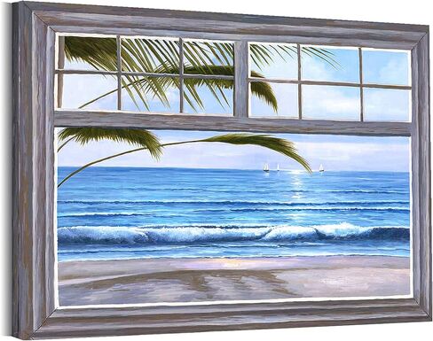 Beach Picture Wall Art for Bedroom Decor Window Ocean Seascape Canvas Prints Coastal Theme Artwork 12x16inches with Frame Ready to Hang in Saudi Arabia