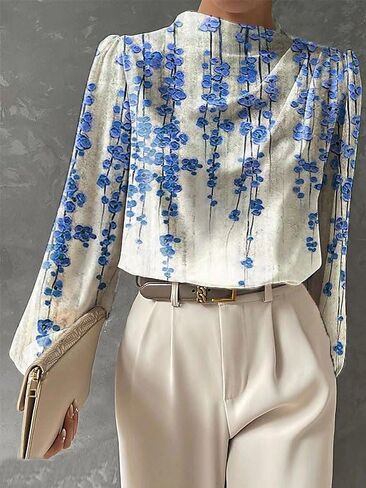Womens Mock Neck Long Sleeve Trendy Shirts Floral Print Loose Fit Fall Casual Tops Blouses in Saudi Arabia