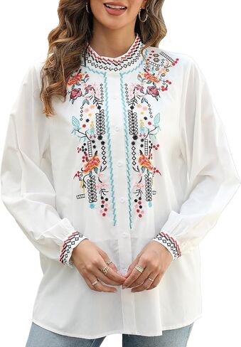 Grosy Long Sleeve Traditional Mexican Peasant Blouses for Women Embroidered Boho Tops Button Down Shirts Casual, Fiesta in Kuwait