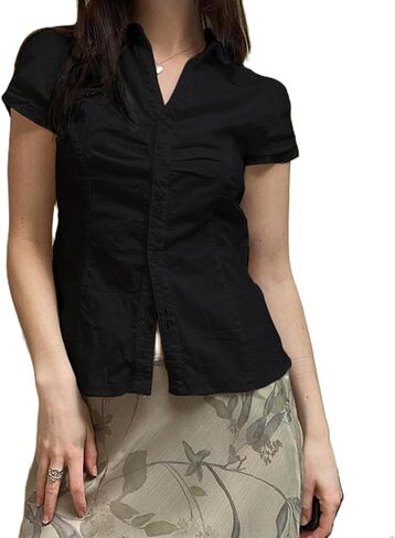 Women Plaid Shirt Short Sleeve Button Down Front Lapel Tops Y2k Slim Fitted Vintage Aesthetic Top Blouse in Saudi Arabia