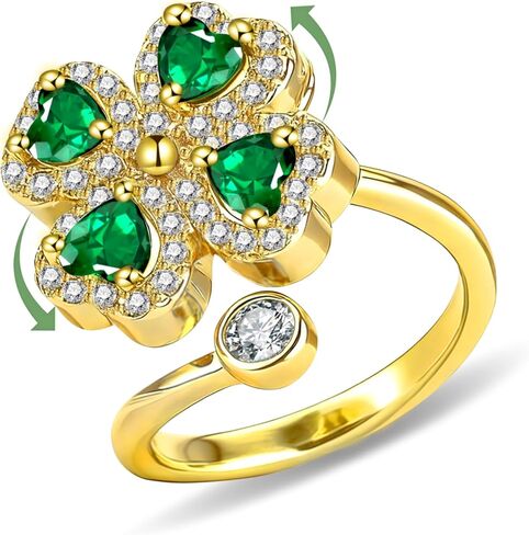 خاتم البرسيم ذو الأربع أوراق دوارة على شكل قلب للنساء، خاتم زمرد مطلي بالذهب عيار 14 قيراط قابل للتعديل مع زركونيا مكعب، هدية مجوهرات محظوظة in Kuwait