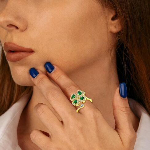 خاتم البرسيم ذو الأربع أوراق دوارة على شكل قلب للنساء، خاتم زمرد مطلي بالذهب عيار 14 قيراط قابل للتعديل مع زركونيا مكعب، هدية مجوهرات محظوظة in Kuwait