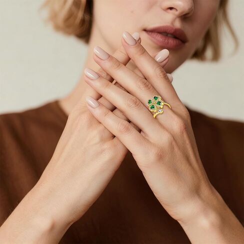 خاتم البرسيم ذو الأربع أوراق دوارة على شكل قلب للنساء، خاتم زمرد مطلي بالذهب عيار 14 قيراط قابل للتعديل مع زركونيا مكعب، هدية مجوهرات محظوظة in Kuwait