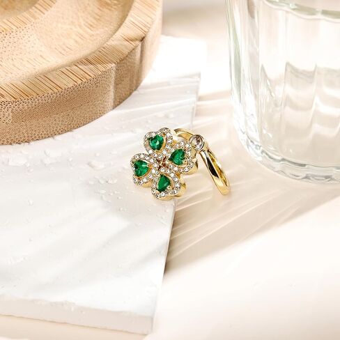 خاتم البرسيم ذو الأربع أوراق دوارة على شكل قلب للنساء، خاتم زمرد مطلي بالذهب عيار 14 قيراط قابل للتعديل مع زركونيا مكعب، هدية مجوهرات محظوظة in Kuwait