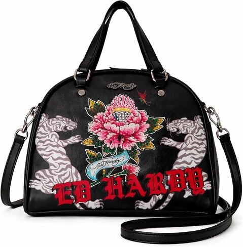 ED HARDY Women’s Dome Satchel Handbag with Tiger Graphic, Floral Tattoo Print Shoulder Purse, Structured Top Handle Crossbody Bag (Black) in Kuwait
