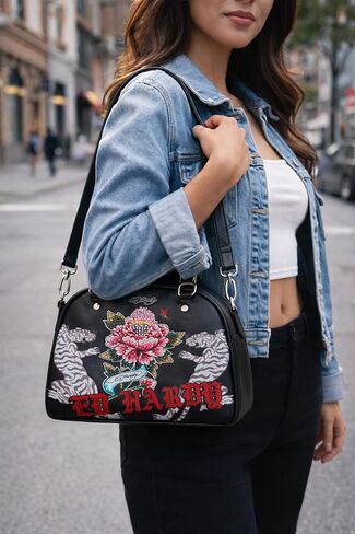 ED HARDY Women’s Dome Satchel Handbag with Tiger Graphic, Floral Tattoo Print Shoulder Purse, Structured Top Handle Crossbody Bag (Black) in Kuwait