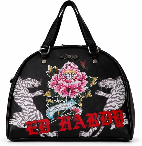 ED HARDY Women’s Dome Satchel Handbag with Tiger Graphic, Floral Tattoo Print Shoulder Purse, Structured Top Handle Crossbody Bag (Black) in Kuwait