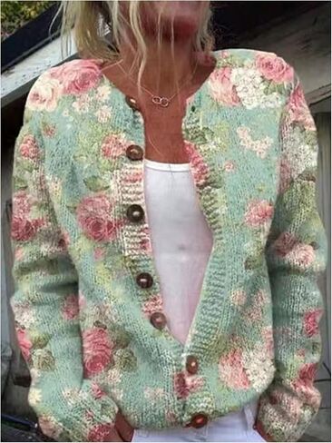 Milumia Women's Floral Print Button Front Knit Cardigan Sweater Crewneck Long Sleeve Sweaters in Saudi Arabia